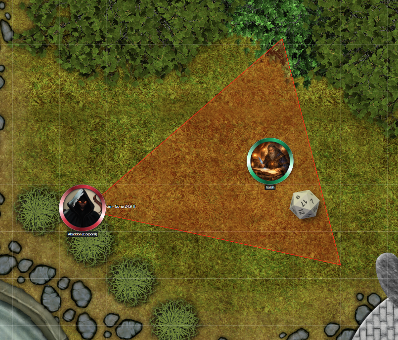 Virtual tabletop battle map with character tokens, a cone-shaped area of effect, and a twenty-sided die.